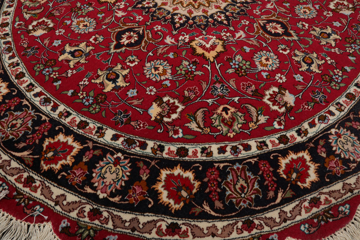 Round Burgundy, Black, Ivory Color Hand Knotted Tabriz Round Wool & Silk Traditional Oriental Rug