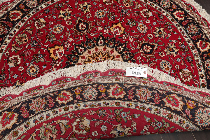 Round Burgundy, Black, Ivory Color Hand Knotted Tabriz Round Wool & Silk Traditional Oriental Rug
