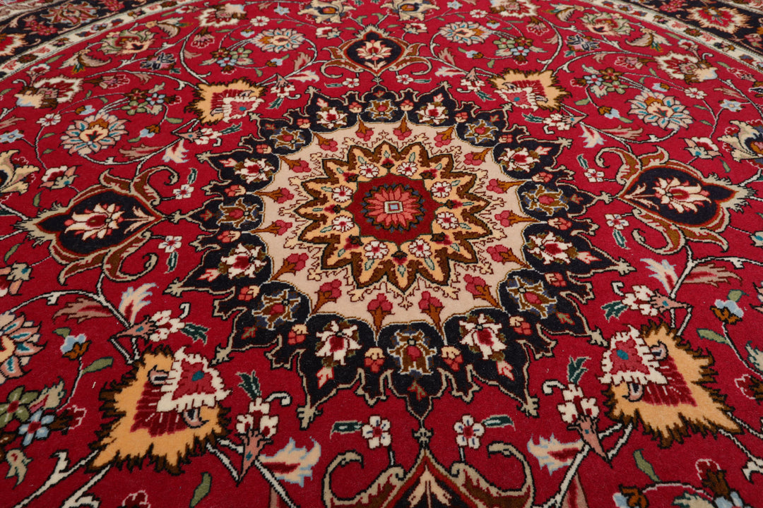 Round Burgundy, Black, Ivory Color Hand Knotted Tabriz Round Wool & Silk Traditional Oriental Rug