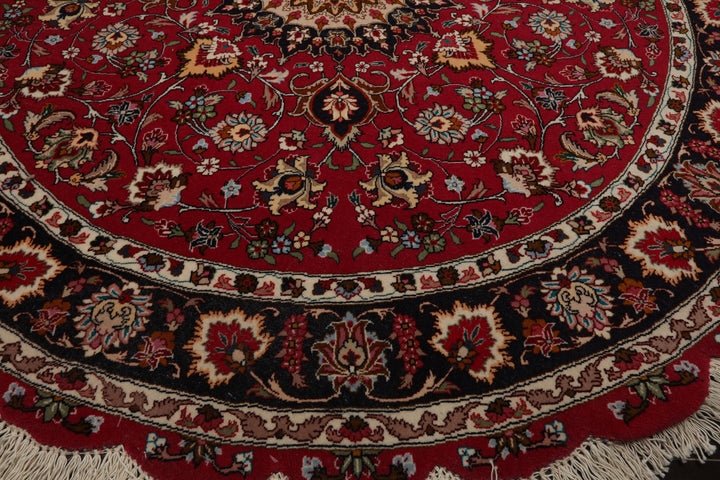 Round Burgundy, Black, Ivory Color Hand Knotted Tabriz Round Wool & Silk Traditional Oriental Rug