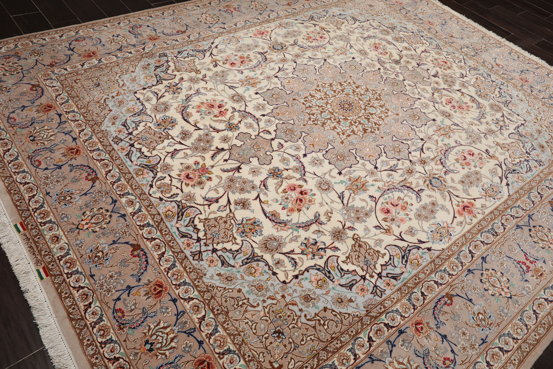 8x10 Ivory, Taupe, Navy Color Hand Knotted Isfahan Wool & Silk Traditional Oriental Rug