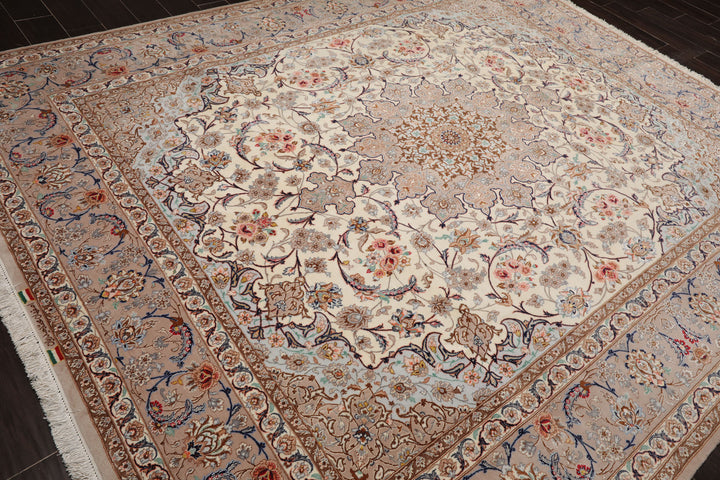 8x10 Ivory, Taupe, Navy Color Hand Knotted Isfahan Wool & Silk Traditional Oriental Rug
