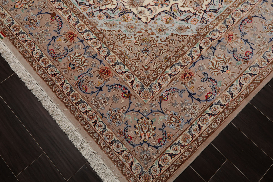 8x10 Ivory, Taupe, Navy Color Hand Knotted Isfahan Wool & Silk Traditional Oriental Rug