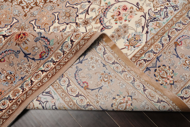 8x10 Ivory, Taupe, Navy Color Hand Knotted Isfahan Wool & Silk Traditional Oriental Rug