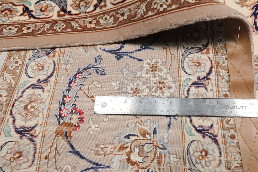 8x10 Ivory, Taupe, Navy Color Hand Knotted Isfahan Wool & Silk Traditional Oriental Rug