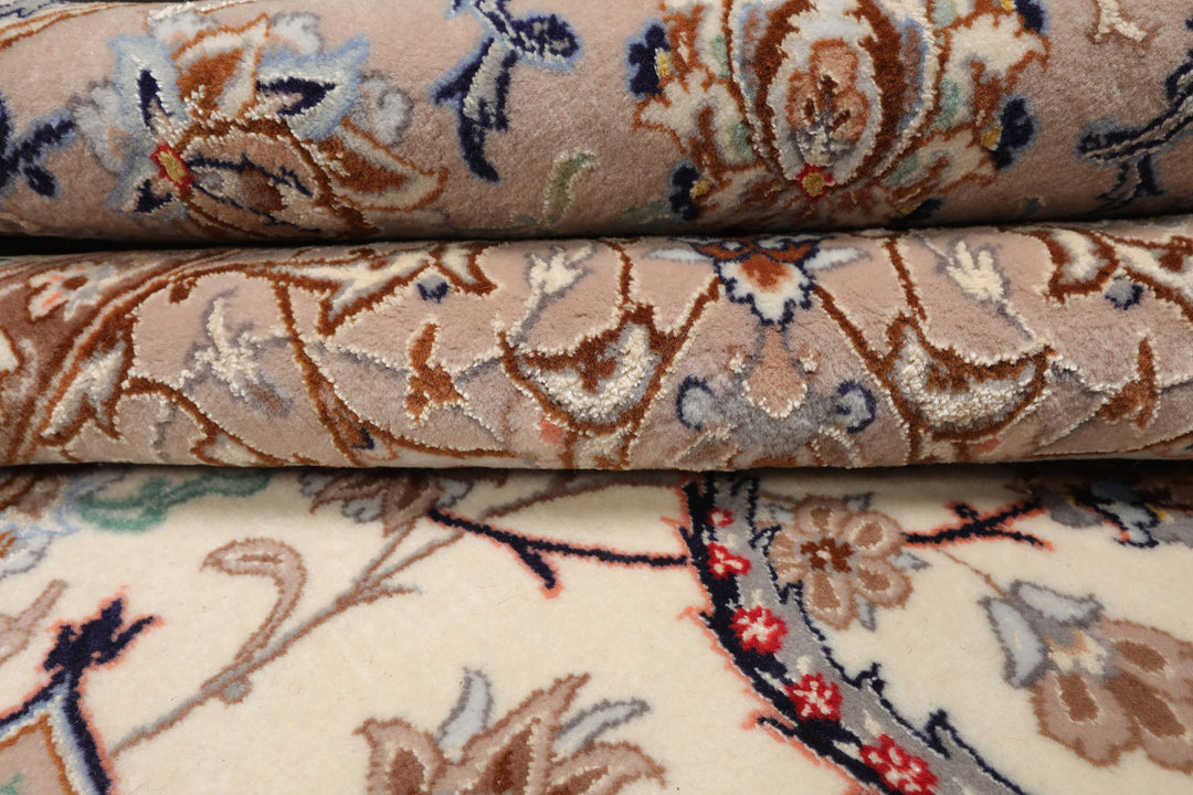 8x10 Ivory, Taupe, Navy Color Hand Knotted Isfahan Wool & Silk Traditional Oriental Rug