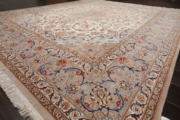 8x10 Ivory, Taupe, Navy Color Hand Knotted Isfahan Wool & Silk Traditional Oriental Rug