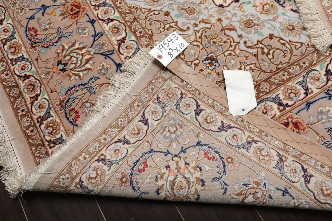 8x10 Ivory, Taupe, Navy Color Hand Knotted Isfahan Wool & Silk Traditional Oriental Rug