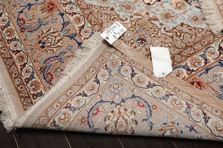 8x10 Ivory, Taupe, Navy Color Hand Knotted Isfahan Wool & Silk Traditional Oriental Rug
