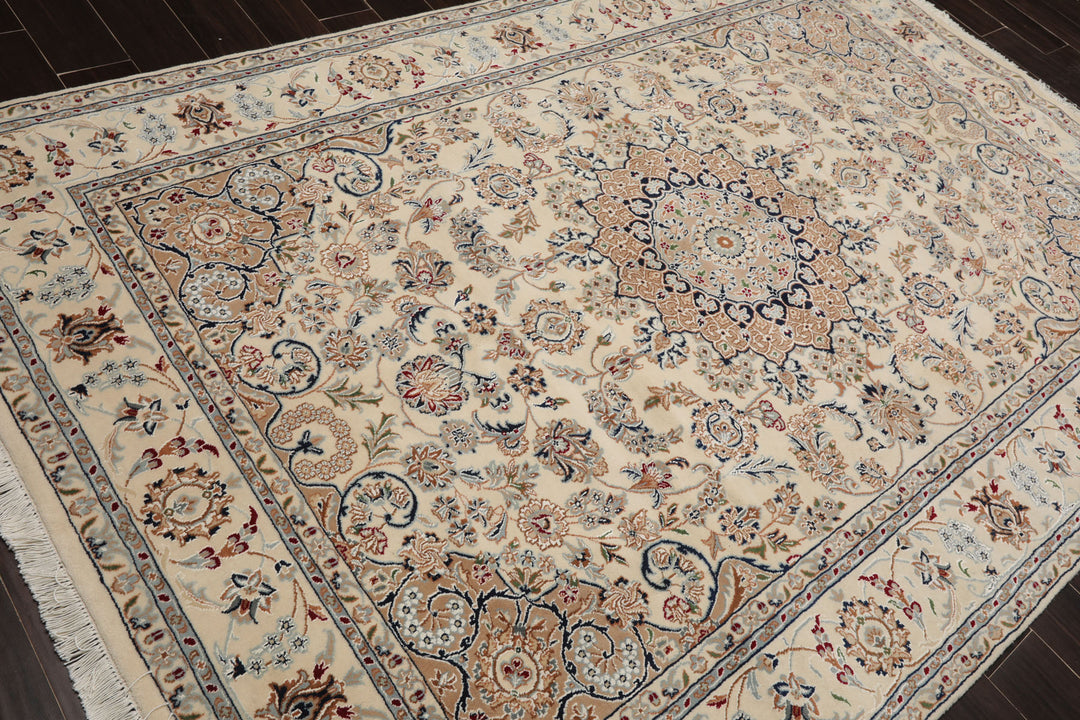 6x9 Ivory, Tan, Navy Color Hand Knotted Nain Wool & Silk Traditional Oriental Rug