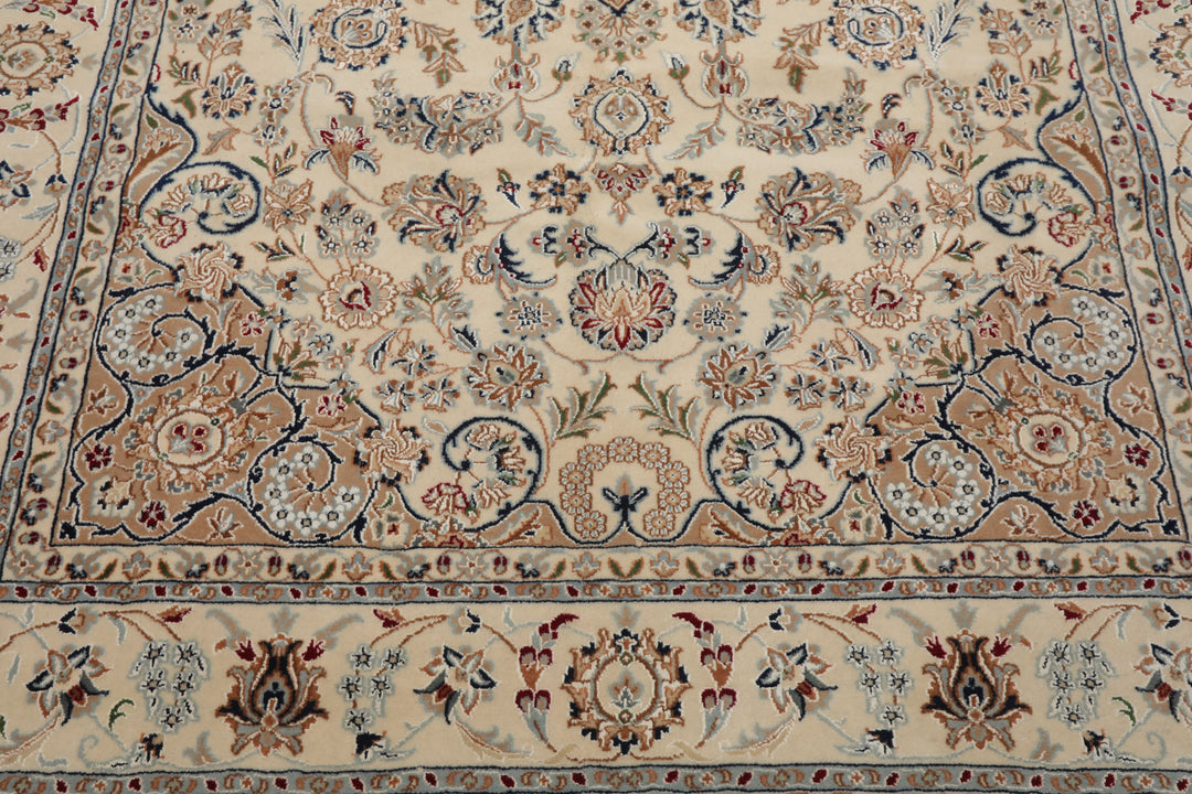 6x9 Ivory, Tan, Navy Color Hand Knotted Nain Wool & Silk Traditional Oriental Rug