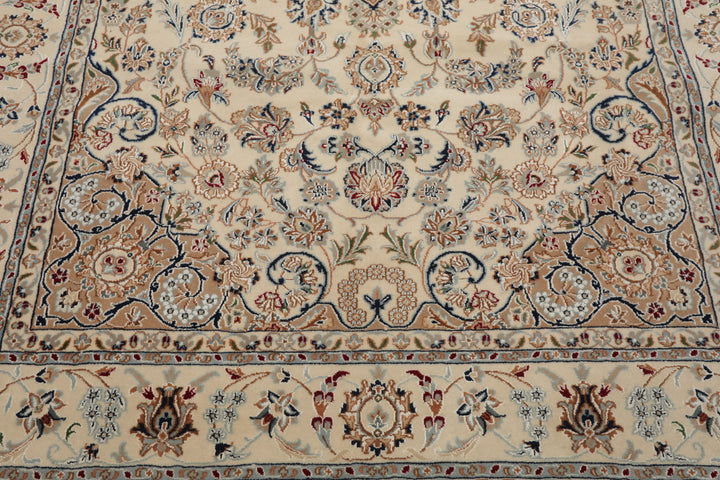 6x9 Ivory, Tan, Navy Color Hand Knotted Nain Wool & Silk Traditional Oriental Rug