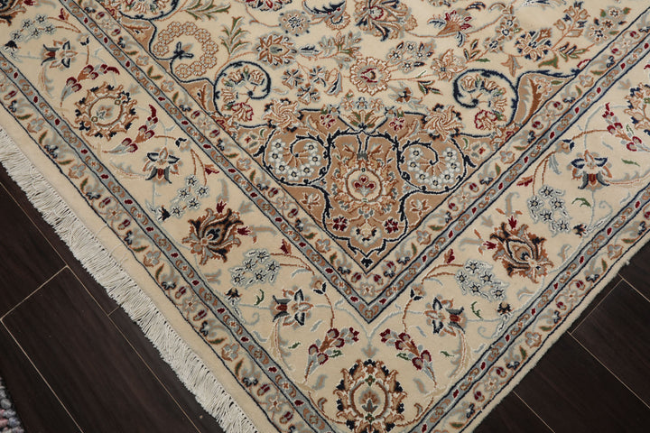 6x9 Ivory, Tan, Navy Color Hand Knotted Nain Wool & Silk Traditional Oriental Rug