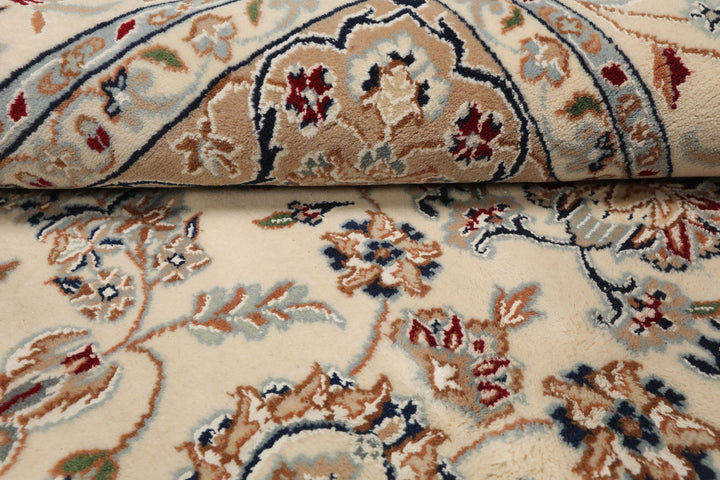 6x9 Ivory, Tan, Navy Color Hand Knotted Nain Wool & Silk Traditional Oriental Rug