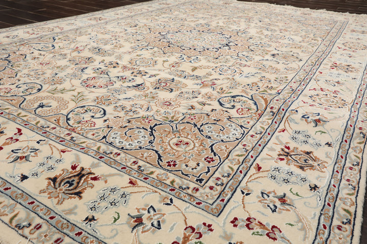 6x9 Ivory, Tan, Navy Color Hand Knotted Nain Wool & Silk Traditional Oriental Rug