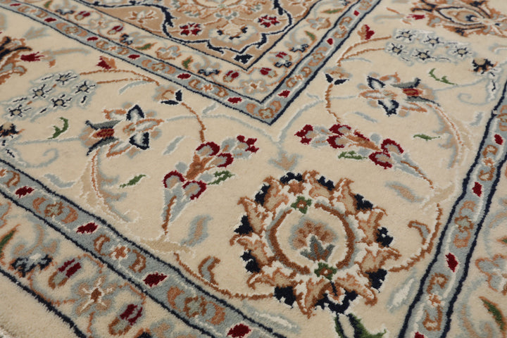 6x9 Ivory, Tan, Navy Color Hand Knotted Nain Wool & Silk Traditional Oriental Rug