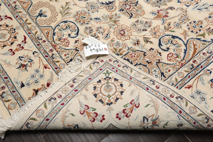 6x9 Ivory, Tan, Navy Color Hand Knotted Nain Wool & Silk Traditional Oriental Rug