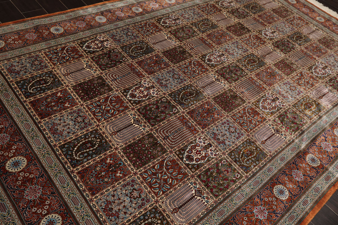 7x10 Caramel, Ivory, Green Color Hand Knotted Qum All Silk Silk Traditional Oriental Rug