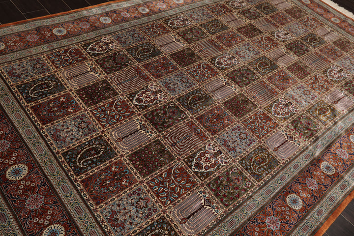 7x10 Caramel, Ivory, Green Color Hand Knotted Qum All Silk Silk Traditional Oriental Rug