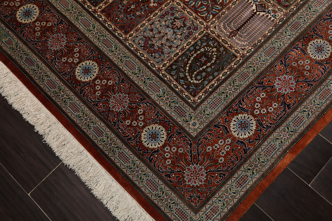 7x10 Caramel, Ivory, Green Color Hand Knotted Qum All Silk Silk Traditional Oriental Rug