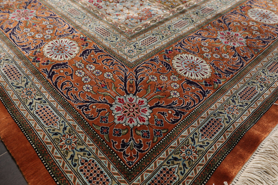 7x10 Caramel, Ivory, Green Color Hand Knotted Qum All Silk Silk Traditional Oriental Rug