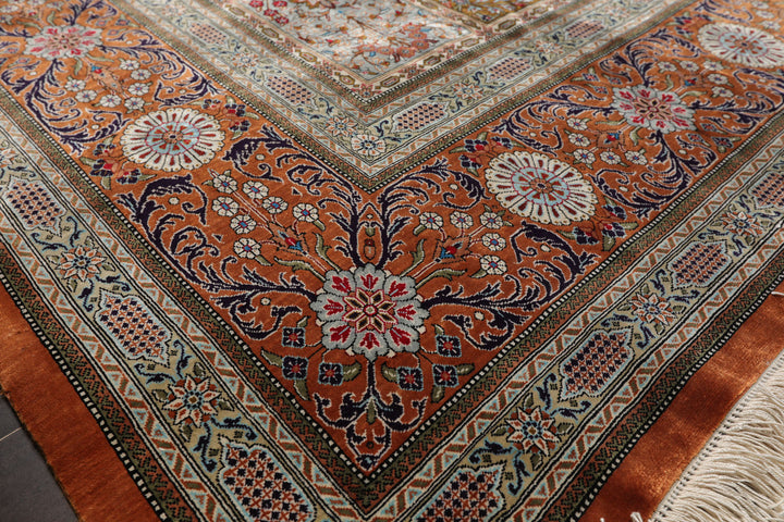 7x10 Caramel, Ivory, Green Color Hand Knotted Qum All Silk Silk Traditional Oriental Rug