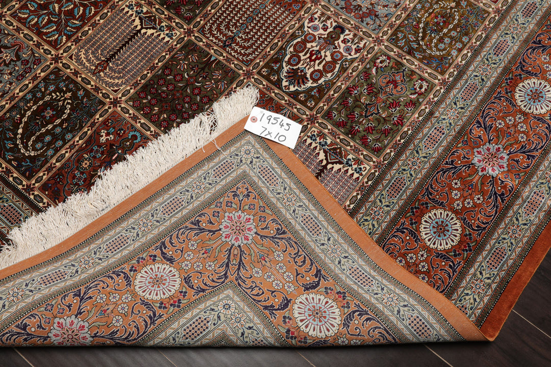 7x10 Caramel, Ivory, Green Color Hand Knotted Qum All Silk Silk Traditional Oriental Rug