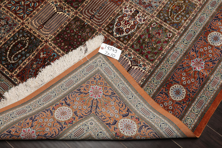 7x10 Caramel, Ivory, Green Color Hand Knotted Qum All Silk Silk Traditional Oriental Rug