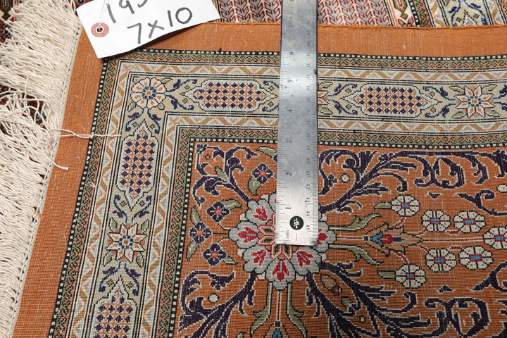 7x10 Caramel, Ivory, Green Color Hand Knotted Qum All Silk Silk Traditional Oriental Rug