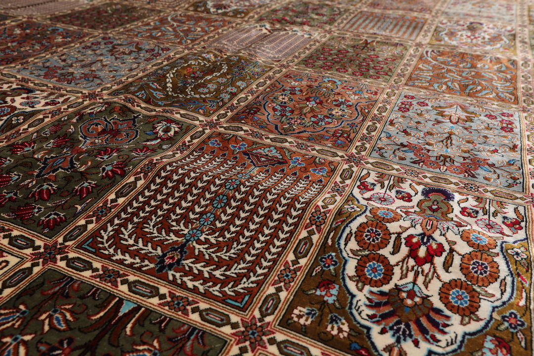 7x10 Caramel, Ivory, Green Color Hand Knotted Qum All Silk Silk Traditional Oriental Rug