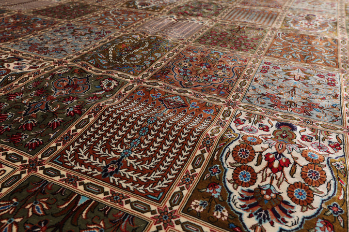 7x10 Caramel, Ivory, Green Color Hand Knotted Qum All Silk Silk Traditional Oriental Rug