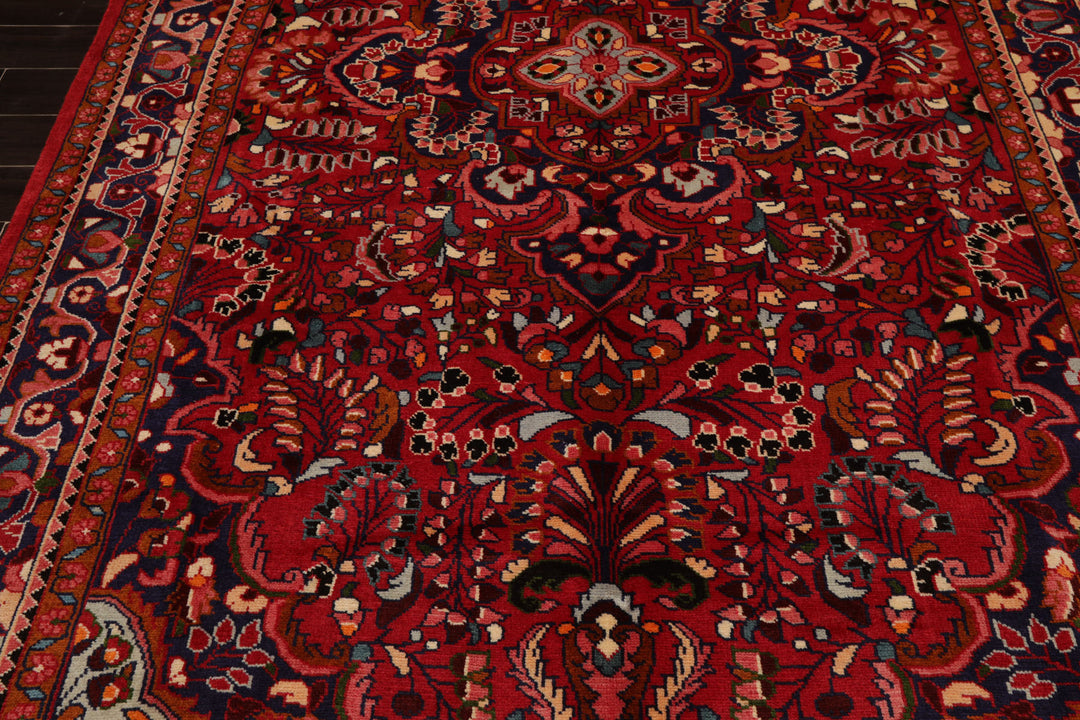 7x11 Red, Navy, Ivory Color Hand Knotted Hamedan Wool Traditional Oriental Rug