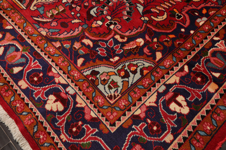 7x11 Red, Navy, Ivory Color Hand Knotted Hamedan Wool Traditional Oriental Rug