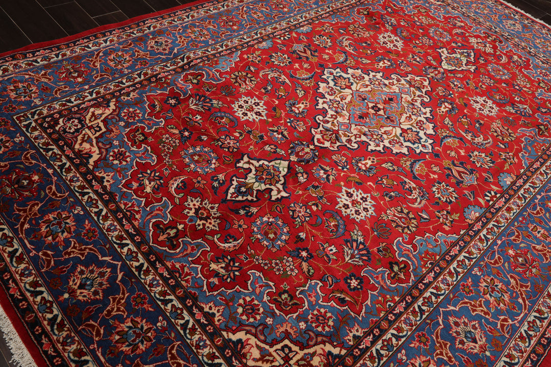 7x10 Red, Blue, Navy Color Hand Knotted Isfahan Wool Traditional Oriental Rug