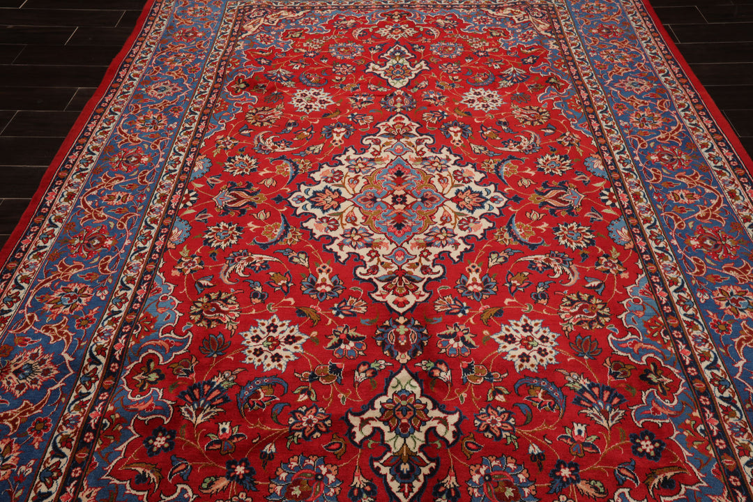 7x10 Red, Blue, Navy Color Hand Knotted Isfahan Wool Traditional Oriental Rug