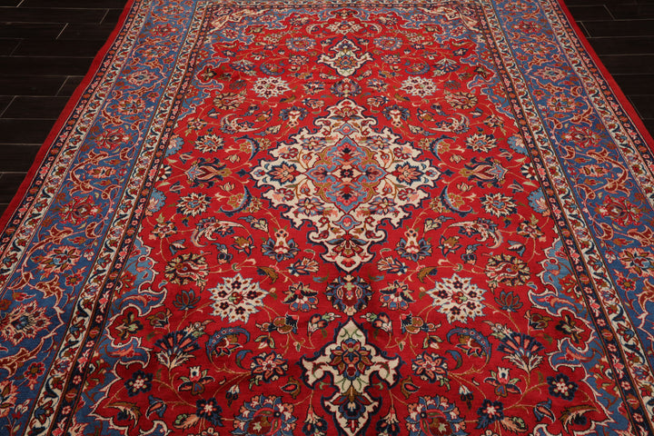 7x10 Red, Blue, Navy Color Hand Knotted Isfahan Wool Traditional Oriental Rug