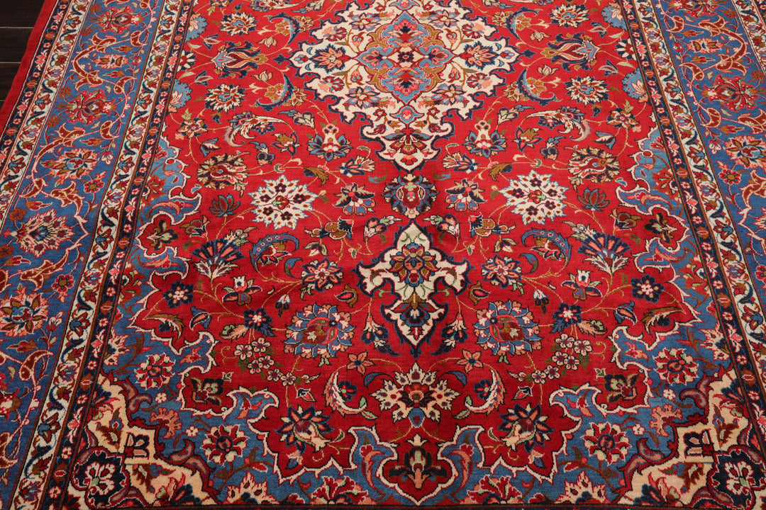7x10 Red, Blue, Navy Color Hand Knotted Isfahan Wool Traditional Oriental Rug