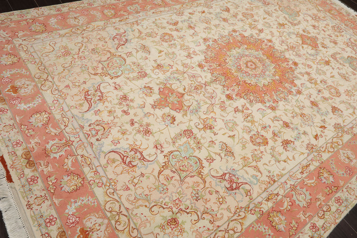6x10 Ivory, Rose, Lime Color Hand Knotted Tabriz Wool & Silk Traditional Oriental Rug
