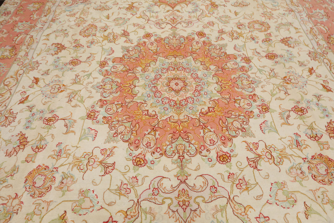 6x10 Ivory, Rose, Lime Color Hand Knotted Tabriz Wool & Silk Traditional Oriental Rug