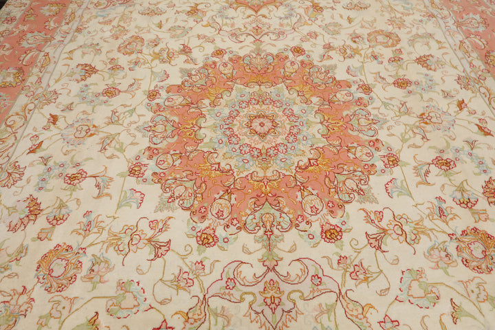 6x10 Ivory, Rose, Lime Color Hand Knotted Tabriz Wool & Silk Traditional Oriental Rug