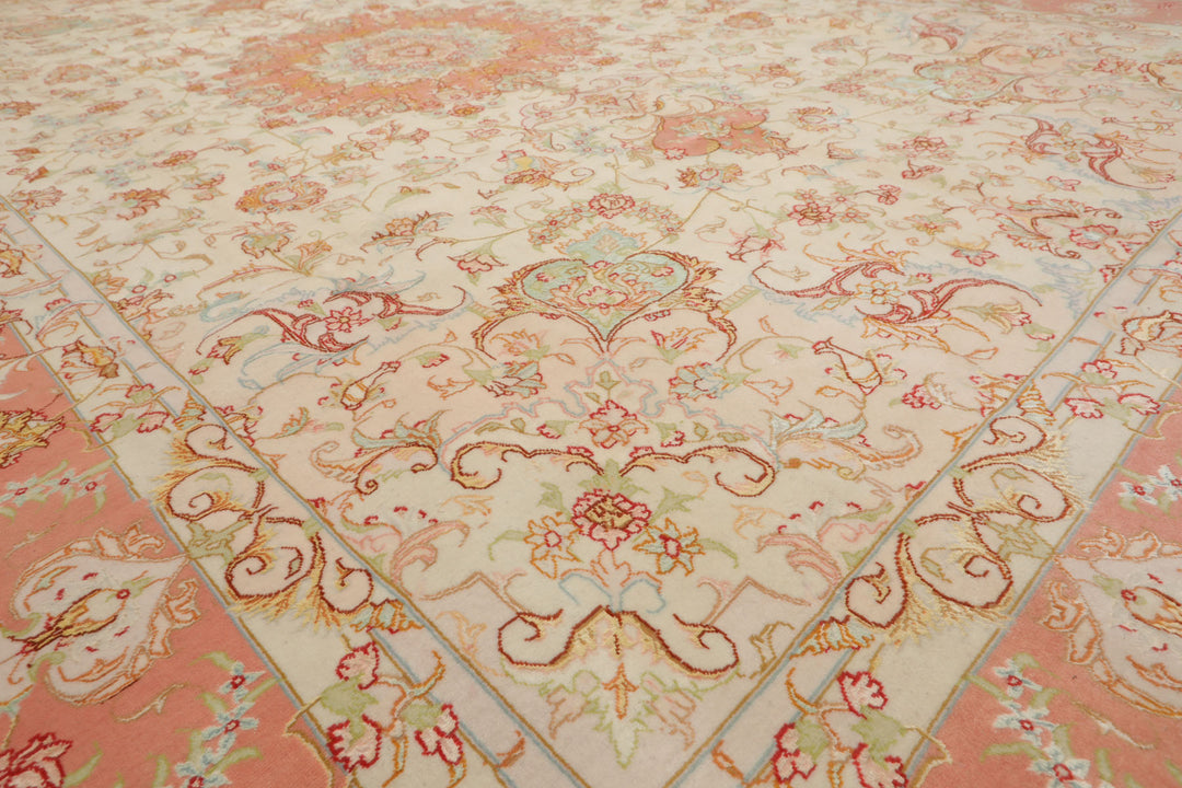 6x10 Ivory, Rose, Lime Color Hand Knotted Tabriz Wool & Silk Traditional Oriental Rug