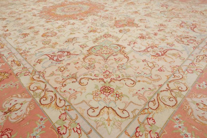 6x10 Ivory, Rose, Lime Color Hand Knotted Tabriz Wool & Silk Traditional Oriental Rug
