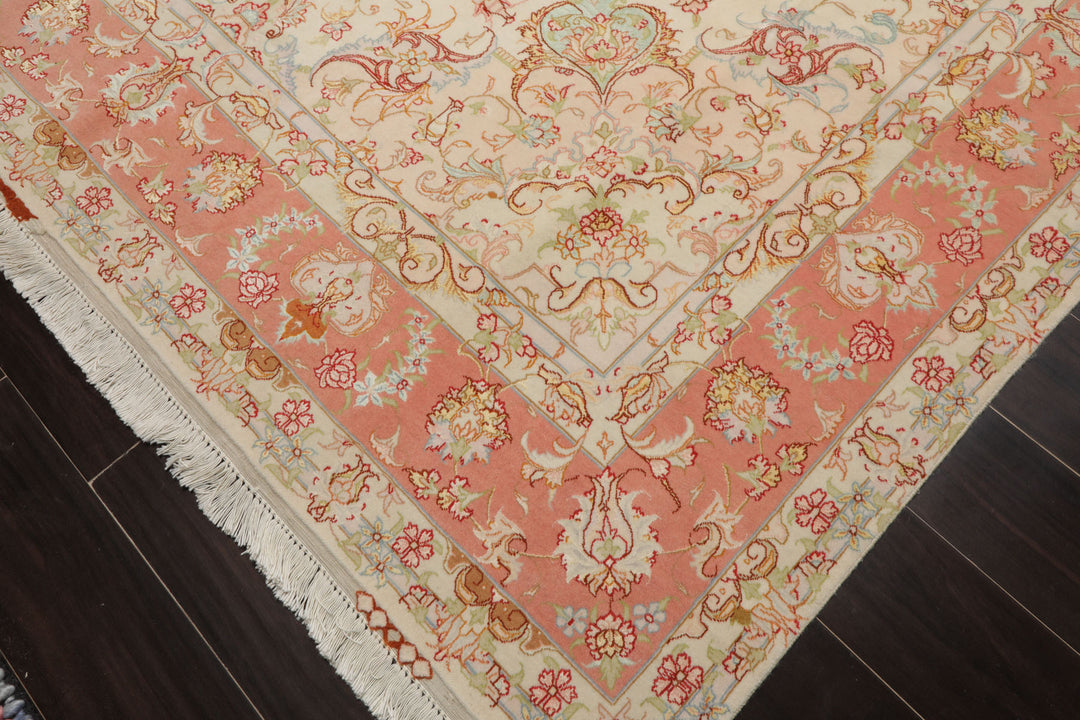 6x10 Ivory, Rose, Lime Color Hand Knotted Tabriz Wool & Silk Traditional Oriental Rug