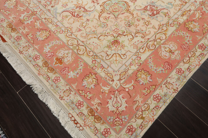 6x10 Ivory, Rose, Lime Color Hand Knotted Tabriz Wool & Silk Traditional Oriental Rug