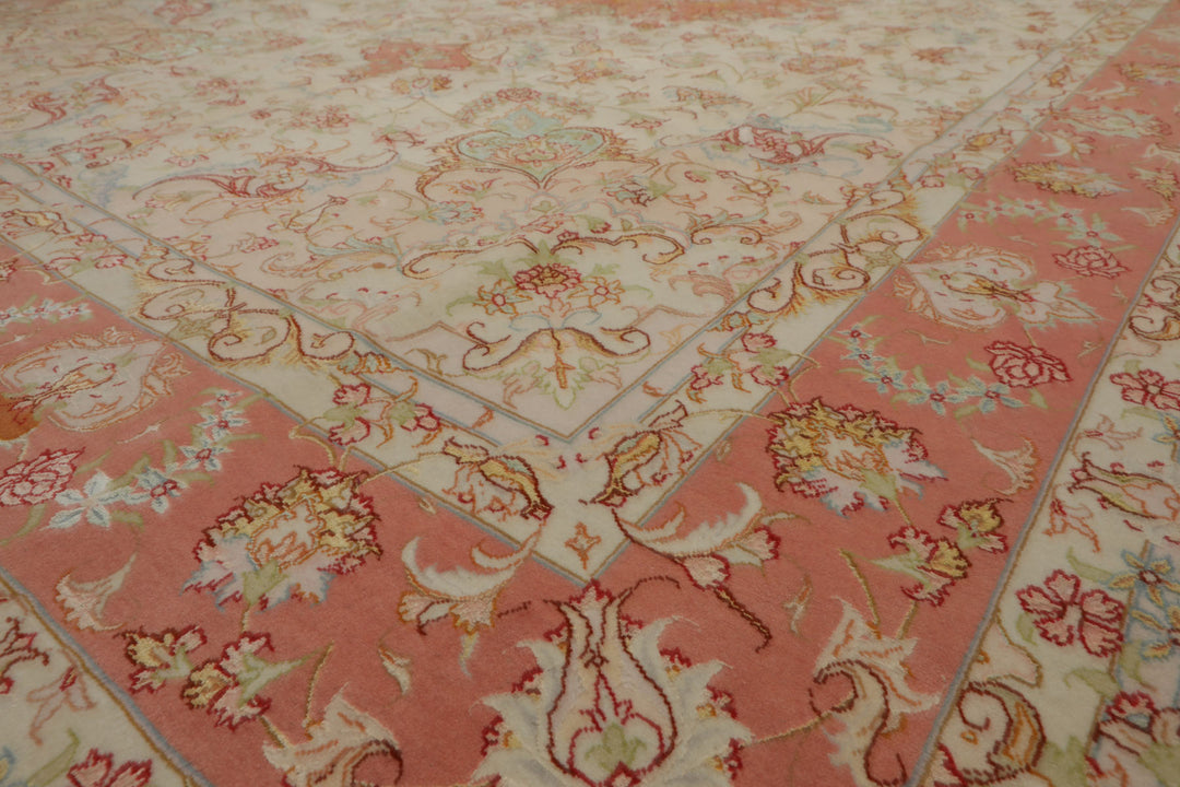 6x10 Ivory, Rose, Lime Color Hand Knotted Tabriz Wool & Silk Traditional Oriental Rug