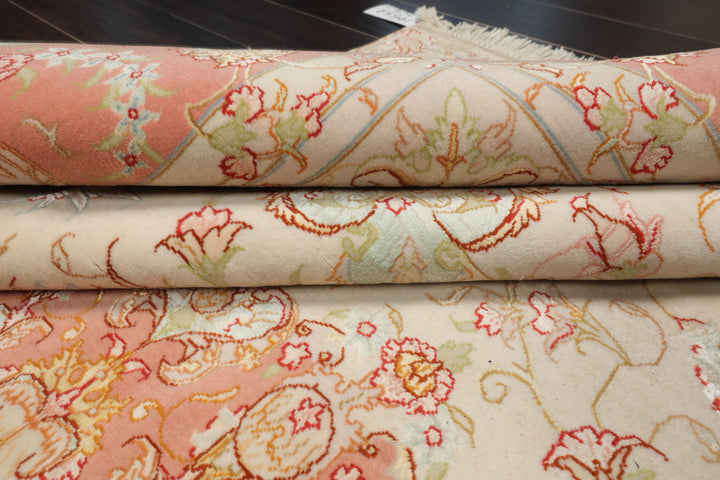6x10 Ivory, Rose, Lime Color Hand Knotted Tabriz Wool & Silk Traditional Oriental Rug