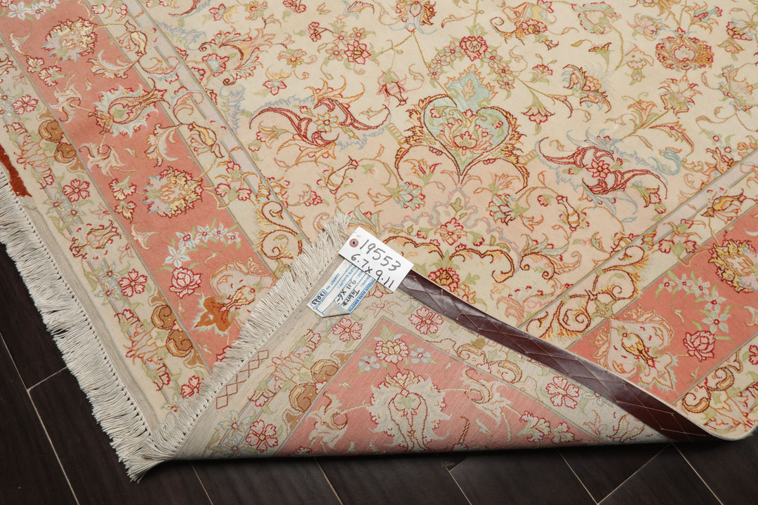 6x10 Ivory, Rose, Lime Color Hand Knotted Tabriz Wool & Silk Traditional Oriental Rug