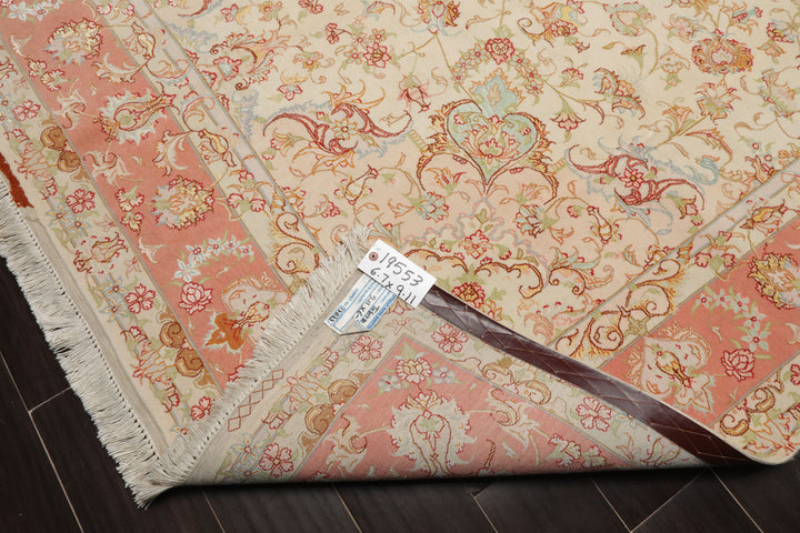 6x10 Ivory, Rose, Lime Color Hand Knotted Tabriz Wool & Silk Traditional Oriental Rug