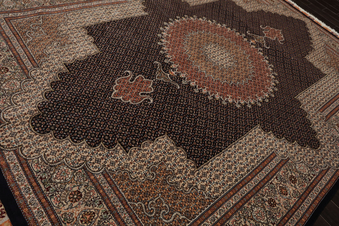 8x11 Midnight Blue, Ivory, Rose Color Hand Knotted Tabriz Wool Traditional Oriental Rug