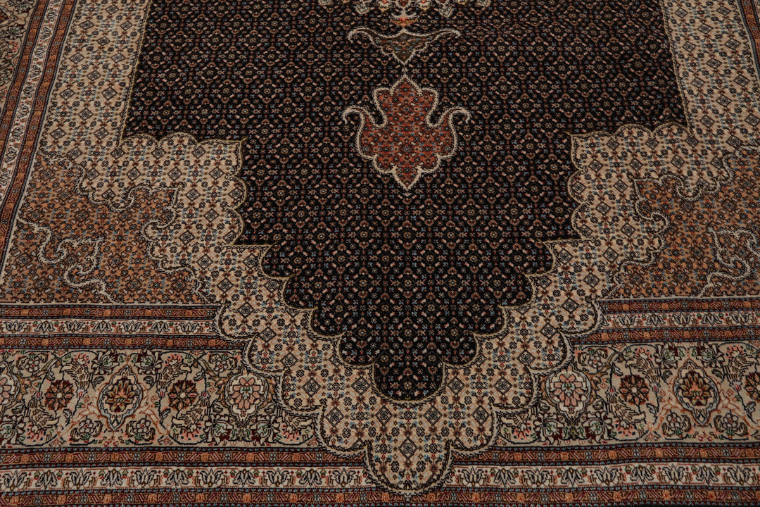 8x11 Midnight Blue, Ivory, Rose Color Hand Knotted Tabriz Wool Traditional Oriental Rug